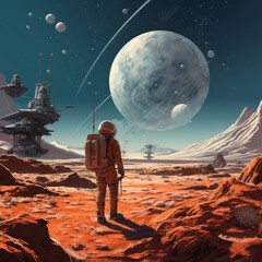 Obraz premium Astronaut in deep space, standing on a planet, space and large planets around him
