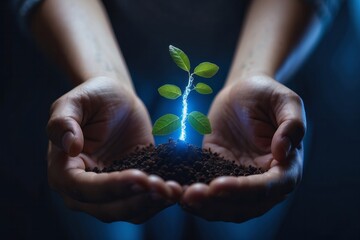 Photo of a person holding a small plant and a DNA Symbol in their hand