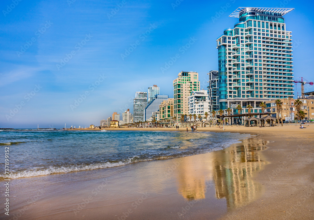 Wall mural tel aviv beach with a view of mediterranean sea and sea front hotels, israel.