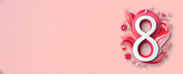 Number 8 paper cut design Banner, Pink Floral design, Isolated on Pink Background