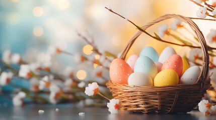 Kolorowe jasne tło na życzenia Wielkanocne. Alleluja - Wesołych świąt Wielkiej Nocy. Jajka, kwiaty i inne wiosenne dekoracje. - obrazy, fototapety, plakaty