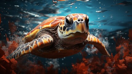 Fototapeta premium Graceful Sea Turtle Soaring Through a Crimson Coral Garden