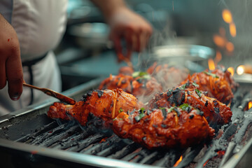 An Indian chef preparing and cooking grilled Tandoori chicken on a grill in a commercial kitchen.  - obrazy, fototapety, plakaty
