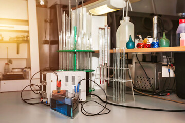 Equipment and reagents suspensions for electrolysis in chemical laboratory, electroanalysis...