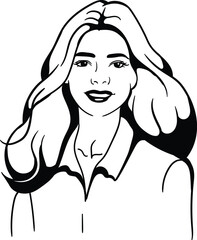 Black and white drawing of a young smiling girl with long hair.