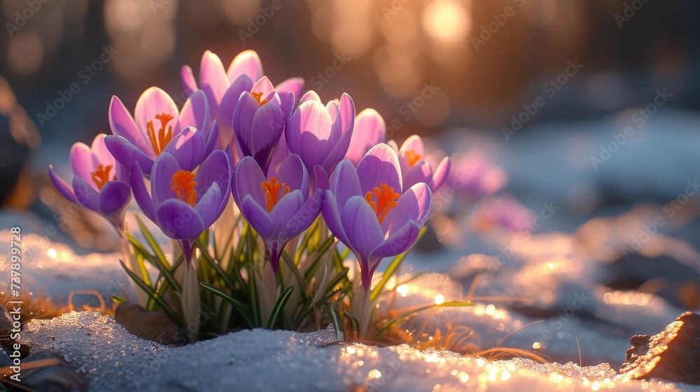 Poster crocuses in purple blooms in spring. a high resolution picture.