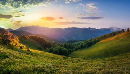 Naklejka na ściany i meble Mountain valley during sunrise. Beautiful natural landscapes in the summertime