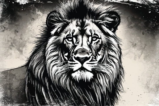 Black and white Lion Background. Lion. Sketchy, graphical, black and white portrait of a lion. The lion vintage engraving black and white vector illustration. Black and white drawing of a lion. 