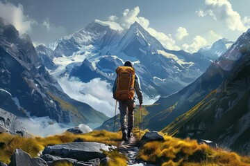 Lone hiker challenges towering peaks symbol of travel and adventure with each step mountaineer forges bond with nature backdrop of breathtaking landscape - obrazy, fototapety, plakaty