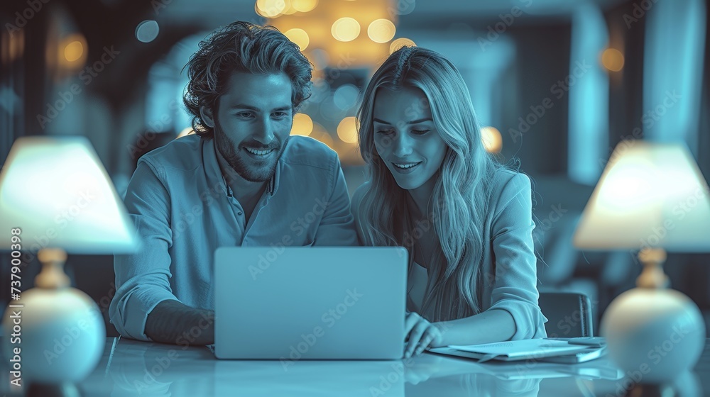 Poster two young businesspeople seated together at a table in a modern workspace are using a laptop with a 