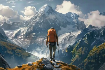 Lone hiker challenges towering peaks symbol of travel and adventure with each step mountaineer forges bond with nature backdrop of breathtaking landscape - obrazy, fototapety, plakaty