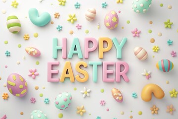 Happy Easter Eggs Basket merrymakers. Bunny in baptism card flower Garden. Cute 3d Pollen easter rabbit illustration. Easter red tulip card wallpaper Scripted sentiment - obrazy, fototapety, plakaty