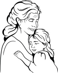 Black and white drawing of an elderly woman, a grandmother and a little girl, her granddaughter.