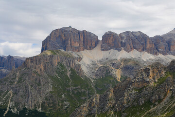 Summer view of Sass Pordoi and Sella Gruppe, Dolomiti , Dolomites, Trentino Alto Adige, Sudtirol, South Tyrol, Italy.
