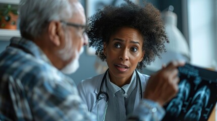 African American woman doctor explaining issues to patient abouth health problem in doctor's examination room. Healthcare concept. - obrazy, fototapety, plakaty