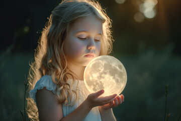 Naklejka premium Cute little girl holding a moon in her hands.