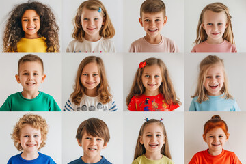 Many diverse ethnicity different children group headshots in collage. Lot of smiling multicultural faces looking at camera. - obrazy, fototapety, plakaty