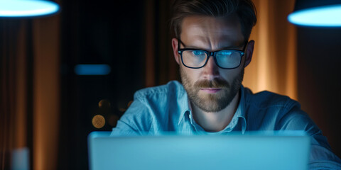 Focused man wearing glasses looking at laptop at night. Screen light reflecting in man's glasses. Working late at evening.