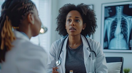 African American woman doctor explaining issues to patient abouth health problem in doctor's examination room. Healthcare concept.
