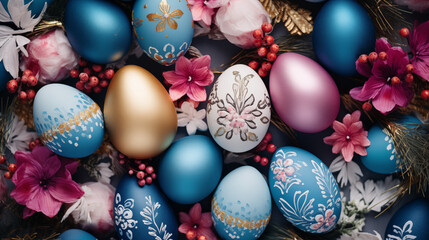 Tło na życzenia Wielkanocne. Alleluja - Wesołych świąt Wielkiej Nocy. Jaja wielkanocne - kolorowe pisanki - obrazy, fototapety, plakaty