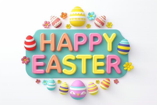 Happy Easter Eggs Basket turquoise island. Bunny in easter dinner flower Garden. Cute 3d brush strokes easter rabbit illustration. Easter banter card wallpaper grateful