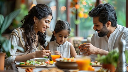 Indian family eating food at dining table at home or in restaurant. South Asian mother, father and kid having meal together.