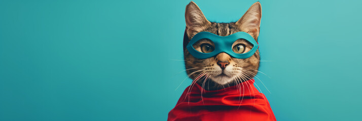 Brave cat wearing superhero cape and mask on solid background.