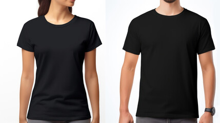 Front views of a young man and woman in a black t-shirt isolated on a white background. Mockup for...