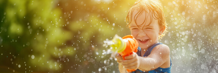 Happy child playing with water gun on hot summer day. Cheerful child having fun with water toys. Leisure for young children in summer. - obrazy, fototapety, plakaty