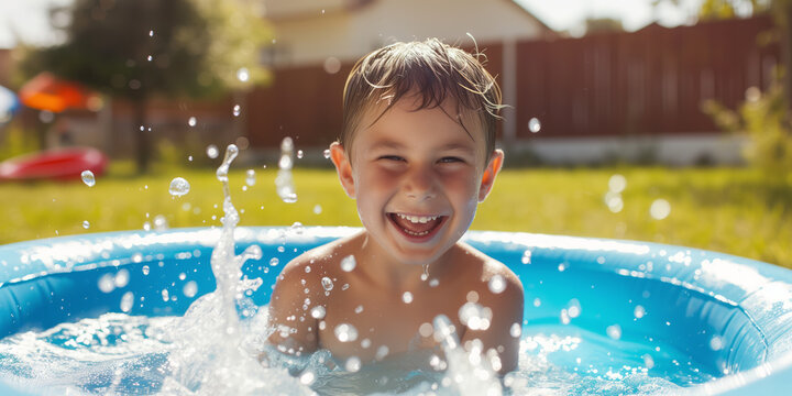Cute little boy having fun splashing in inflatable swimming pool outdoors on sunny summer day. Active leisure for kids in summer.
