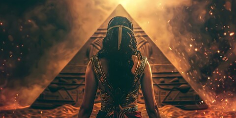 Egyptian queen inside pyramid surrounded by fantasy backdrop captured from behind. Concept Egyptian Queen, Pyramid Photoshoot, Fantasy Backdrop, Captured from Behind - obrazy, fototapety, plakaty
