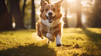 Happy Dog Running through a Sunny Park trying to catch a ball