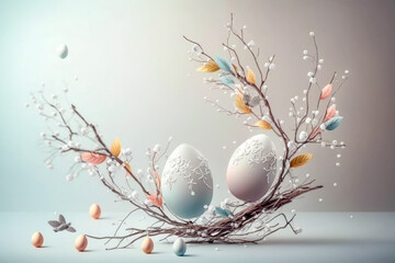 Obraz na płótnie Canvas Easter eggs with branches on pastel background. For easter and spring greeting cards with copy space. Generative AI