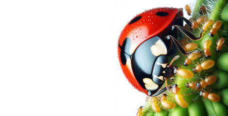 close-up Ladybug eats aphids isolated on white background