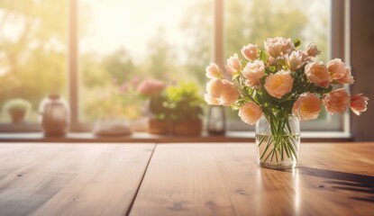 Bouquet of wildflowers in a glass vase on a wooden table