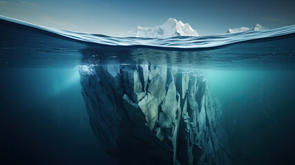 Underwater view of iceberg with beautiful transparent sea on background. iceberg in polar regions which shows a big hidden potential beneath the surface. Hidden Danger  - Powered by Adobe