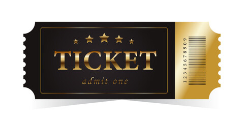 Vector golden ticket template. Cinema, theater,casino, concert, game, party, event, festival gold ticket.Invite ticket for casino club.Vector illustration. - obrazy, fototapety, plakaty
