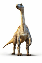 Dinosaur with long neck and long neck, standing in front of white background.