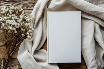 A white hardcover book on a rustic wooden table with draped fabric