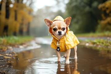Cute dog dressed in yellow waterproof clothes for dogs. A dog sits near a large puddle in the rain on a forest road. Caring for a pet. Walking in the rain. Weather. Dog walking clothes.