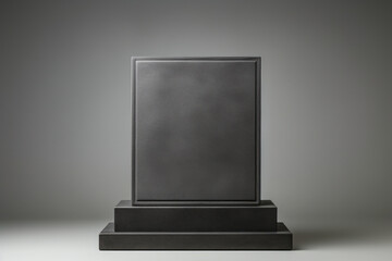 Black square sculpture on black pedestal with gray background.