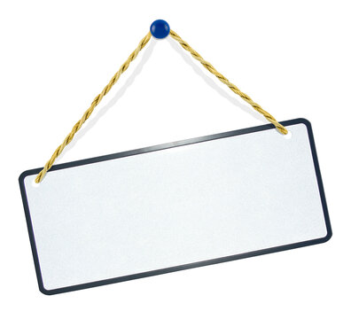 plaque m&eacute;tallique r&eacute;fl&eacute;chissante suspendue &agrave; un clou par une ficelle v&eacute;g&eacute;tale, fond blanc 