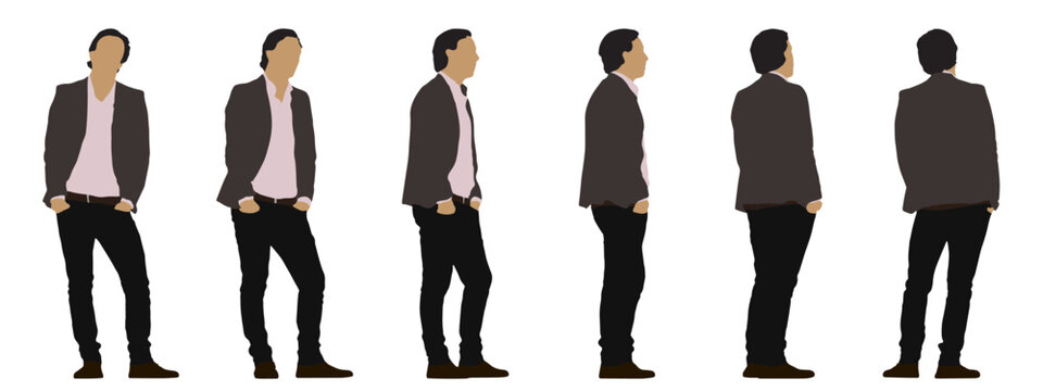 Vector concept conceptual silhouette of a men standing, hands in pockets  from different perspectives isolated on white background. A metaphor for confidence, fashion, business and lifestyle
