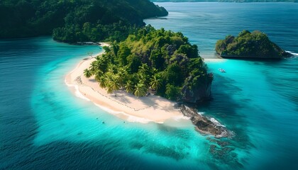tropical island aerial view clear blue water coastal seascape  - obrazy, fototapety, plakaty