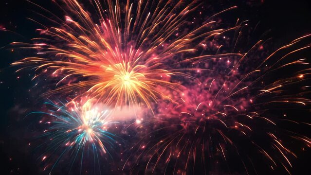 Fireworks in the night sky. Generative AI Video. ProRes HQ 59.94 FPS available in 4K 16:9.