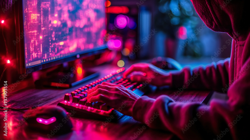 Poster professional cybersecurity expert analyzing data on multiple monitors in a dark room illuminated by 