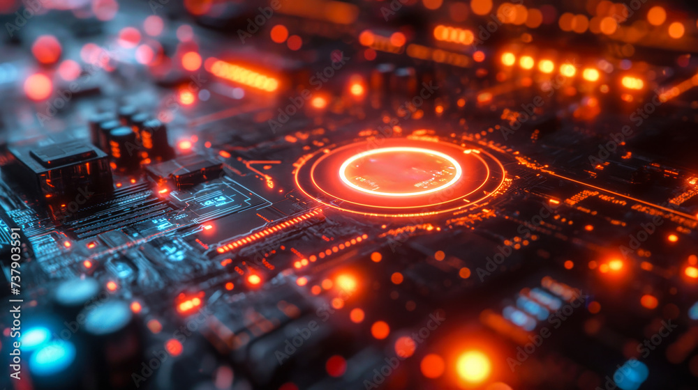 Poster high-tech circuit board with glowing neon lights symbolizing advanced computing, data processing cap