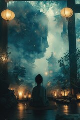 Person meditating in front of a large Buddha tapestry or painting, surrounded by lush foliage and softly glowing lanterns, symbolizing inner reflection and growth. Depict the journey of self-discovery