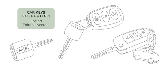 Set of hand drawn editable vector line art illustrations of car keys