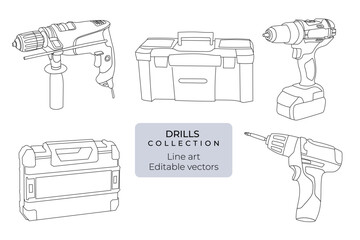 Drills and drill case box line drawing outline DIY editable vector collection